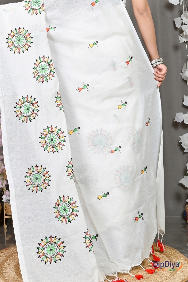 White Pure Cotton Parama Embroidery Handloom saree (286)